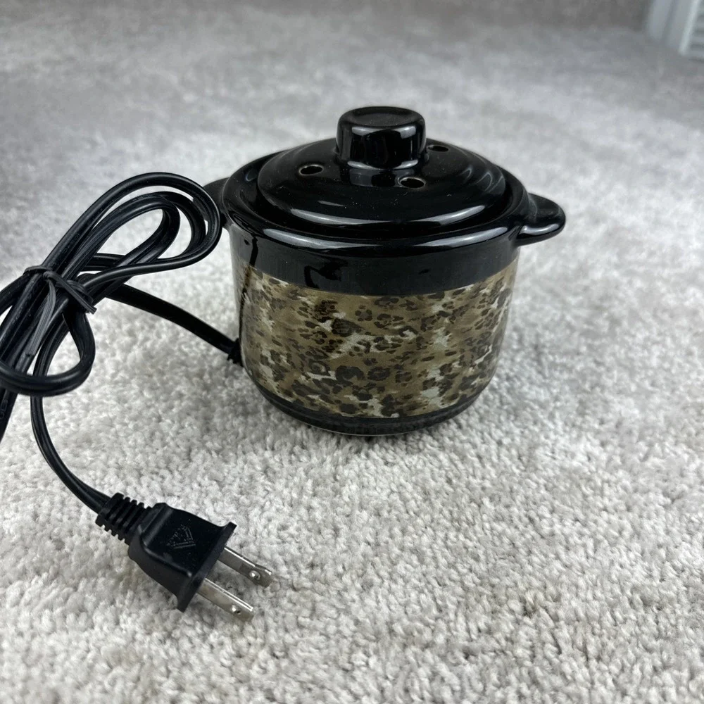Vintage Florasense Electric Potpourri Simmer Crock‎ Pot Warmer w/Lid Leopard